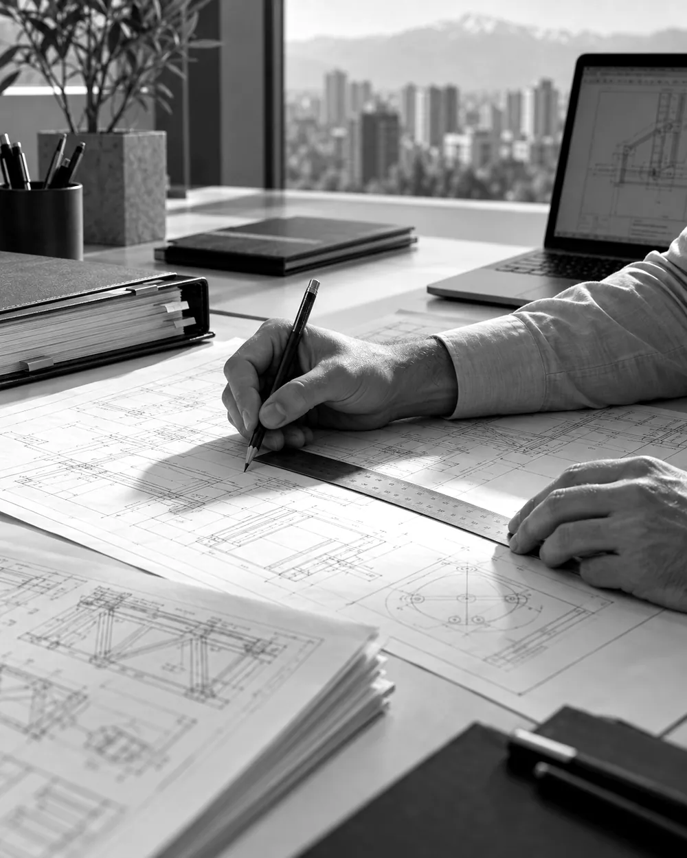 Ingeniera revisando planos impresos sobre una mesa de trabajo
